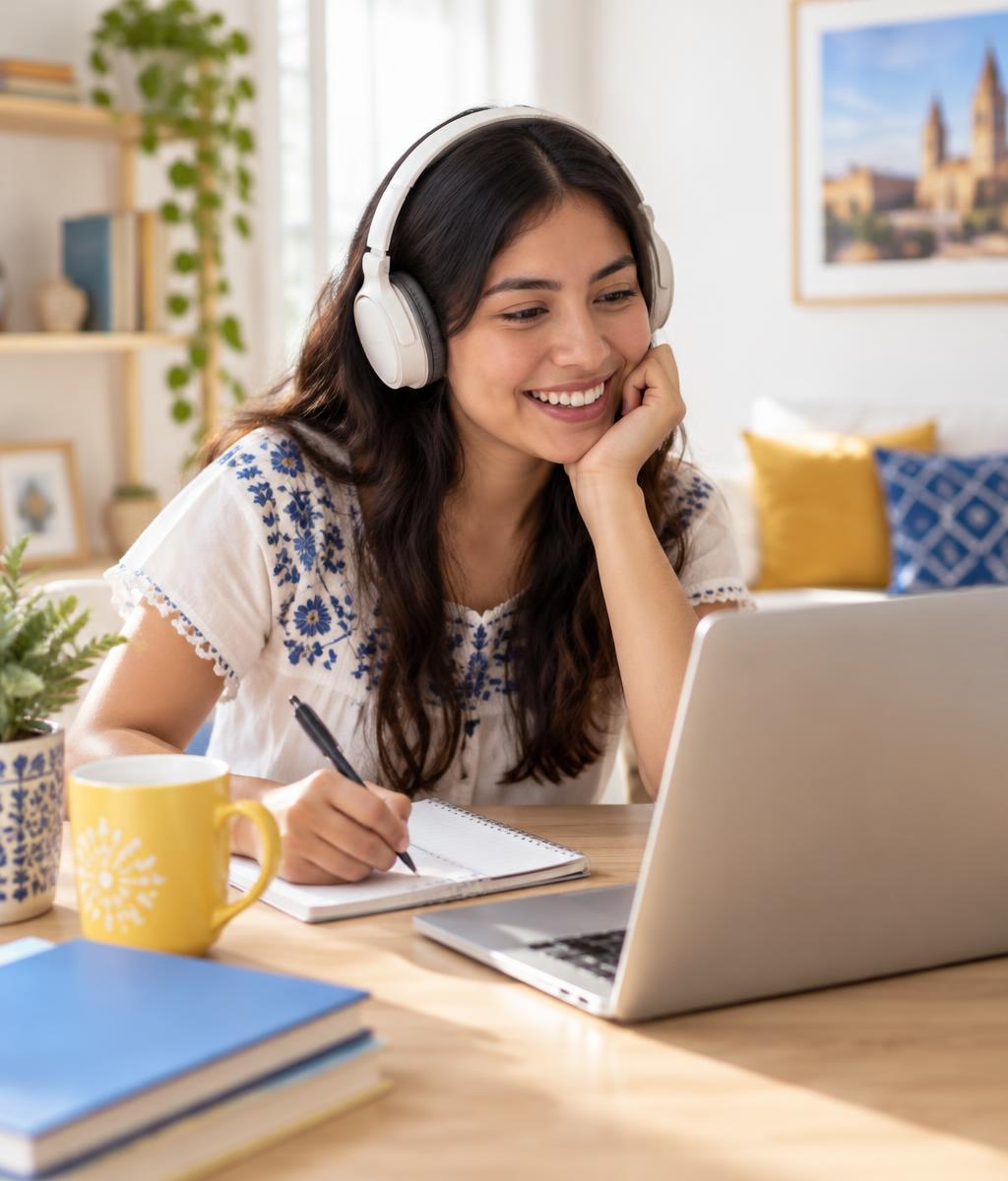 Estudiante sonriente tomando una clase de inglés en línea desde casa
